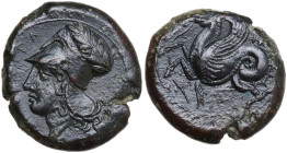 Sicily. Syracuse. Dionysios I (405-367 BC). AE Litra, 409-395 BC. Obv. Head of Athena left, wearing helmet decorated with olive wreath. Rev. Hippocamp...