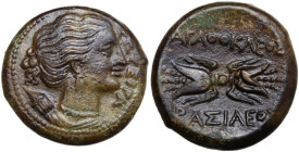 Sicily. Syracuse. Agathokles (317-289 BC). AE Litra, c. 295 BC. Obv. ΣΩTEIPA. Head of Artemis Soteira right, quiver over shoulder. Rev. AΓAΘOKΛEOΣ / B...