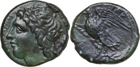 Sicily. Syracuse. Hiketas (287-278 BC). AE 21.5 mm. Obv. Laureate head of Zeus Hellanios left. Rev. Eagle standing left on thunderbolt, wings open; to...