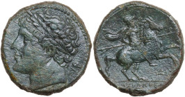 Sicily. Syracuse. Hieron II (274-215 BC). AE 27 mm. Obv. Diademed head left. Rev. Warrior, holding couched lance, on horse prancing right; IEPΩNOΣ in ...