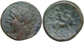 Sicily. Syracuse. Hieron II (274-215 BC). AE 27 mm. Obv. Diademed head left. Rev. Warrior, holding couched lance, on horse prancing right; IEPΩNOΣ in ...