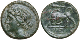 Sicily. Syracuse. Hieron II (274-215 BC). AE 18 mm. Obv. Head of Kore left, wearing wreath of grain. Rev. Bull butting left; above, club; in exergue, ...