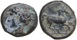 Punic Sicily. AE 16 mm, late 4th-early 3rd century BC. Obv. Head of Tanit left, wearing wreath of grain. Rev. Horse galloping right. SNG Cop. 94-97. A...