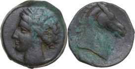 Punic Sardinia. AE 18 mm, 300-264 BC. Obv. Head of Tanit left, wearing wreath of grain. Rev. Head of horse right. SNG Cop. 149-150. AE. 5.92 g. 18.00 ...