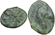 Punic Sardinia. AE 17 mm, 300-264 BC. Obv. Head of Tanit left, wearing wreath of grain. Rev. Head of horse right. SNG Cop. 149-150. AE. 2.90 g. 17.00 ...
