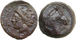 Punic Sardinia. AE 20 mm, 300-264 BC. Obv. Head of Tanit left, wearing wreath of grain. Rev. Head of horse right; below chin, palm tree. SNG Cop. 173....