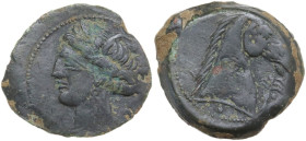 Punic Sardinia. AE 20 mm, 300-264 BC. Obv. Head of Tanit left, wearing wreath of grain. Rev. Head of horse right; to right, palm tree; below, pellet. ...