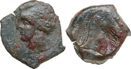 Punic Sardinia. AE 22 mm, 300-264 BC. Obv. Head of Tanit left, wearing wreath of grain. Rev. Head of horse right; below chin, palm tree. SNG Cop. 177....