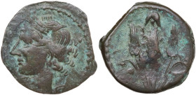 Punic Sardinia. AE 20 mm, Libyan Revolt, 241-238 BC. Obv. Head of Tanit left, wearing wreath of grain. Rev. Three ears of grain; above, inverted cresc...