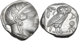 Continental Greece. Attica, Athens. AR Tetradrachm, c. 454-404 BC. Obv. Head of Athena right, with frontal eye, wearing earring, necklace, and crested...