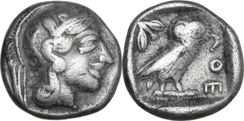 Continental Greece. Attica, Athens. AR Drachm, c. 454-404 BC. Obv. Helmeted head...