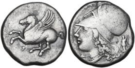 Continental Greece. Corinthia, Corinth. AR Stater, 4th century BC. Obv. Pegasus flying left; below, koppa. Rev. Head of Athena left, wearing Corinthia...