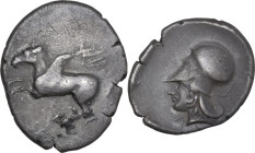 Continental Greece. Corinthia, Corinth. AR Stater, c. 285-146 BC. Obv. Pegasos flying left. Rev. Helmeted head of Athena left; behind, uncertain objec...