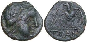 Continental Greece. Cimmerian Bosporos, Pantikapaion. AE 15 mm, 250-200 BC. Obv. Laureate head of Apollo right. Rev. Eagles standing front, head left,...