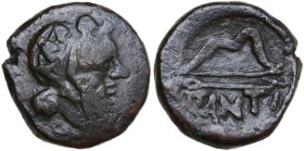 Continental Greece. Cimmerian Bosporos, Pantikapaion. AE 16 mm, 250-200 BC. Obv. Head of satyr right, wearing wreath of ivy. Rev. Bow and arrow. HGC 7...