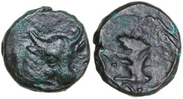 Continental Greece. Cimmerian Bosporos, Pantikapaion. AE 12 mm, 200-150 BC. Obv. Head of bull three-quarters to right. Rev. Plough; above, ear of grai...