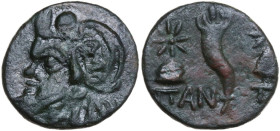 Continental Greece. Cimmerian Bosporos, Pantikapaion. AE 17 mm, 125-100 BC. Obv. Head of satyr left, wearing wreath of ivy. Rev. Cornucopiae flanked b...