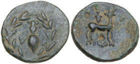 Greek Asia. Ionia, Ephesos. AE 15 mm, 48-27 BC. Obv. Bee within laurel wreath. Rev. Stag standing right in front of long torch, head facing; below, ma...