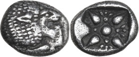 Greek Asia. Ionia, Miletos. AR Diobol, circa 478-390 BC. Obv. Forepart of roaring lion left, head right. Rev. Ornamented star within incuse square. SN...