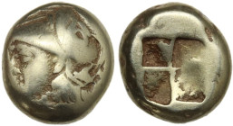 Greek Asia. Ionia, Phokaia. EL Hekte, c. 387-326 BC. Obv. Head of Athena to left, wearing crested Corinthian helmet decorated with a coiled serpent; b...