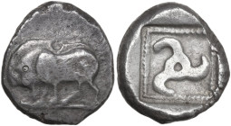 Greek Asia. Dynasts of Lycia. Uncertain dynast. AR Stater, 520-480 BC. Obv. Boar standing left. Rev. Triskeles within an incuse square with dotted bor...