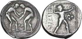 Greek Asia. Pamphylia, Aspendos. AR Stater, 380-325 BC. Obv. Two wrestlers grappling; between, AA. Rev. Slinger in throwing stance right; to right, tr...