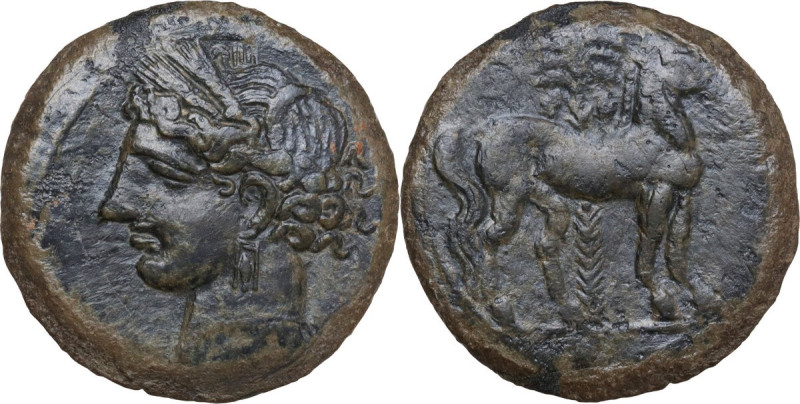 Africa. Zeugitania, Carthage. AE Shekel, 210-202 BC. Obv. Head of Tanit left, we...