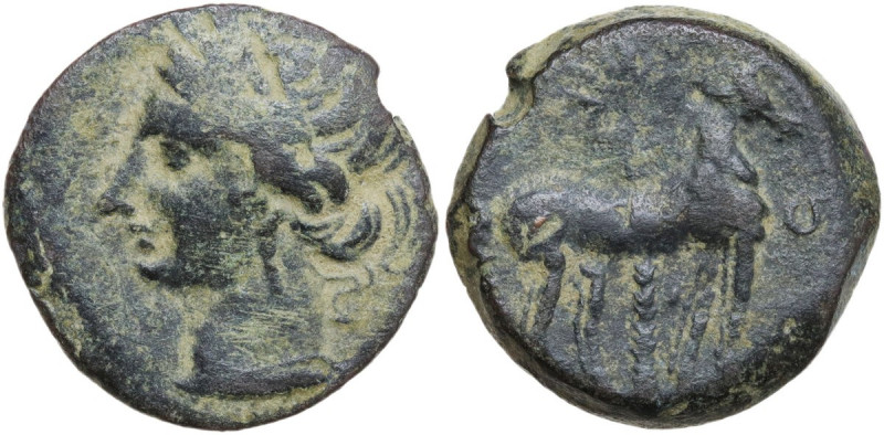 Africa. Zeugitania, Carthage. AE 20 mm, 210-202 BC. Obv. Head of Tanit left, wea...