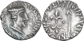 Greek Asia. Indo-Skythians, Kshaharatas. Nahapana. AR Drachm, 1st century AD. Obv. Capped bust right. Rev. Arrow and thunderbolt; pellet between. Mitc...