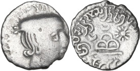 India. Kshaharatas. Viradaman, as Satrap (ca. 234-238). AR Drachm. Obv. Head right, wearing cap; year partially off flan. Rev. Triple-peaked mountain ...