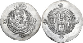 Greek Asia. Sasanian Kings. Khusro II (591-628). AR Drachm. Obv. Bust of Khusro II right, wearing winged crown. Rev. Fire altar flanked by two attenda...