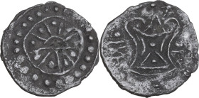 Cambodia. Kingdom of Funan. AR Quarter unit, 400-550 AD. Obv. Stylized sun. Rev. Stylized temple. AR. 2.40 g. 22.00 mm. Good VF.