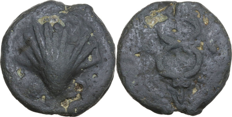 Mercury/Dioscuri series. AE Cast Sextans, c. 280 BC. Obv. Scallop shell; two pel...