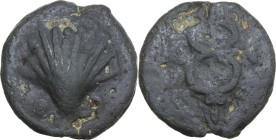 Mercury/Dioscuri series. AE Cast Sextans, c. 280 BC. Obv. Scallop shell; two pellets below. Rev. Caduceus; two pellets across field. Cr. 14/5; Vecchi ...