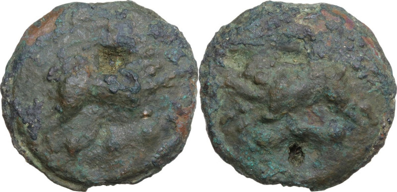 Apollo/Apollo series. AE Cast Quadrans, c. 275-270 BC. Obv. Boar leaping right; ...