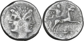 Anonymous. AR Quadrigatus (Didrachm), uncertain Campanian or Apulian mints, 216-215 BC (debased coinage). Obv. Laureate Janiform head of Dioscuri. Rev...