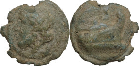 Janus/prow to right libral series. AE Cast Semis, c. 225-217 BC. Obv. Laureate head of Saturn left; below, mark of value S. Rev. Prow right; above, ma...