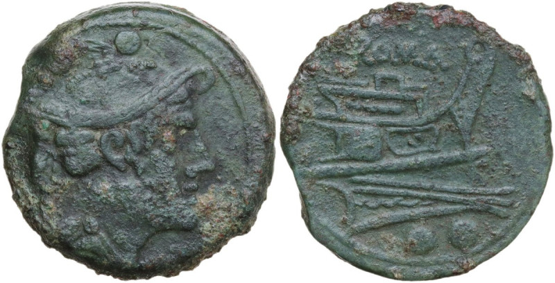 Anonymous post semilibral series. AE Sextans, 215-211 BC. Obv. Head of Mercury r...