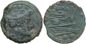 Anonymous post semilibral series. AE Sextans, 215-211 BC. Obv. Head of Mercury right, wearing winged petasos; above, two pellets. Rev. Prow right; abo...
