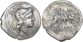 Anonymous. AR Quinarius, uncertain Campanian mint (Cales?), 214 BC. Obv. Helmeted head of Roma right; behind, V. Rev. The Dioscuri galloping right; in...