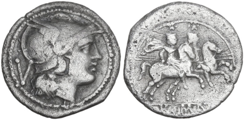 Anonymous. AR Quinarius, uncertain Samnite mint (Beneventum?), 213 BC. Obv. Helm...