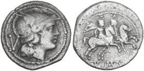 Anonymous. AR Quinarius, uncertain Samnite mint (Beneventum?), 213 BC. Obv. Helmeted head of Roma right; behind, V. Rev. The Dioscuri galloping right;...