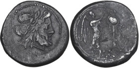 Anonymous. AR Victoriatus, uncertain Campanian mints, 215-211 BC. Obv. Laureate head of Jupiter right. Rev. Victory standing right, crowning trophy; i...