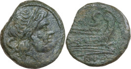Anonymous sextantal series. AE Semis, after 211 BC. Obv. Laureate head of Saturn right; behind, S. Rev. Prow right; above, S; below, ROMA. Cr. 56/3. A...