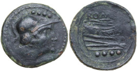 Anonymous sextantal series. AE Triens, after 211 BC. Obv. Helmeted head of Minerva right, wearing beaded necklace; above, four pellets. Rev. Prow of g...