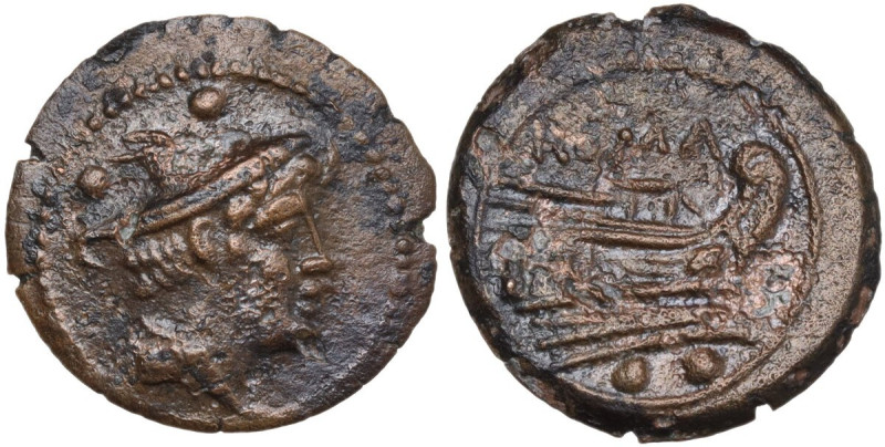 Minturnae' Second Punic War issue. AE Sextans, after 211 BC. Obv. Head of Mercur...