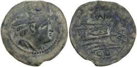 MA series. AE Sextans, c. 210 BC. Sardinia. Obv. Head of Mercury right; above, two pellets. Rev. ROMA. Prow right; before, MA; below, two pellets. Cr....