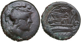 Corn-ear and KA series. AE Triens, c. 207-206 BC, Sicily. Obv. Helmeted head of Minerva right; above, four pellets. Rev. Prow right; above, corn-ear; ...