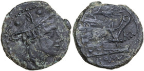 Corn-ear and KA series. AE Sextans. Sicily, 207-206 BC. Obv. Head of Mercury right; above, two pellets. Rev. Prow right; above, corn-ear; before, KA a...