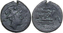 Corn-ear and KA series. AE Sextans. Sicily, 207-206 BC. Obv. Head of Mercury right; above, two pellets. Rev. Prow right; above, corn-ear; before, KA a...